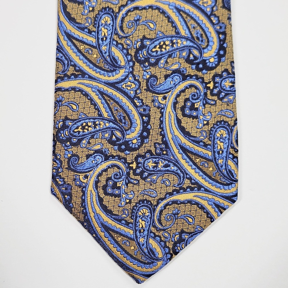 Tom James Tie Mens One Size Blue Gold Paisley 100% Silk Made USA Woven Necktie